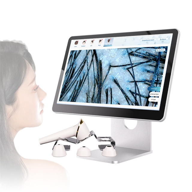 Am-216 جهاز كشف البشرة الاحترافي المحمول للعناية بالوجه ومصباح الذكاء الاصطناعي ومحلل فروة الرأس والشعر